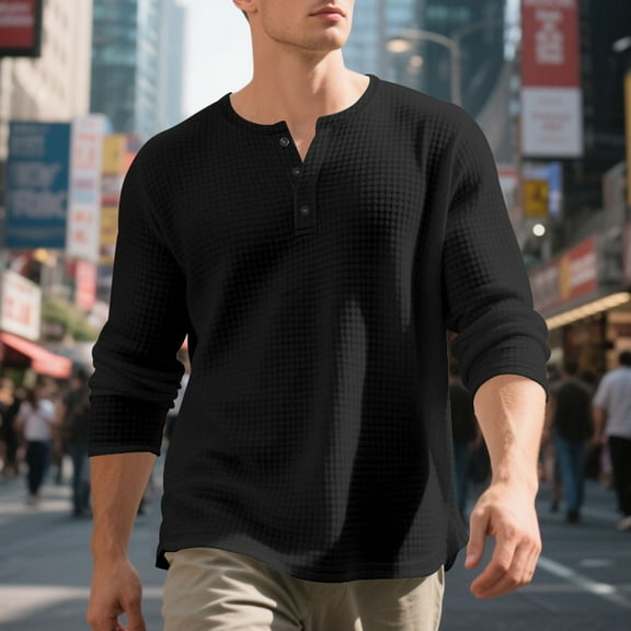 Awdenio Shirts for Men Long Sleeve Waffle Henley Shirts Casual Fall Thermal Shirts Button T-Shirt