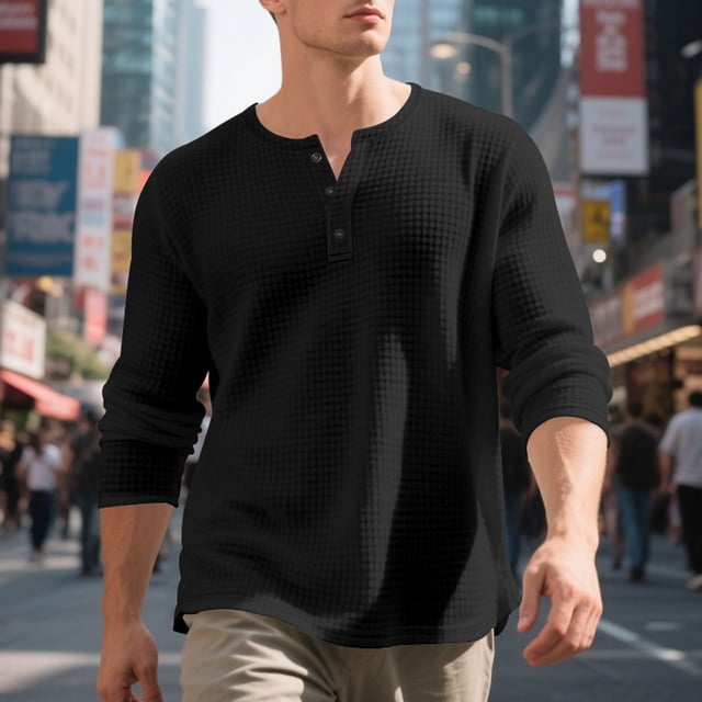 Blusas y camisas de manga larga con cuello redondo y degradado para hombre, blusas casuales con botones y cuello redondo, blusas de poliéster para hombre