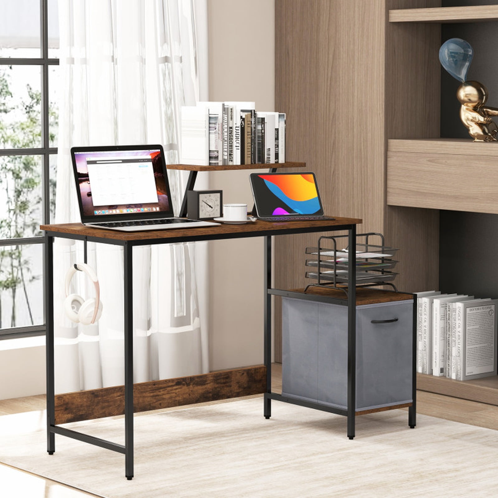 Furnibear Industrial Computer Desk with Reversible Fabric Storage Drawer, Moveable Shelf and USB Charging Station Brown