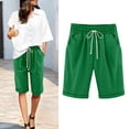 thumbnail image 2 of Aihuaihua Linen Shorts for Women Bermuda Pants Knee Length Long Shorts Solid Color Plus Size Dressy Casual Pull On with Drawstring M, 2 of 5