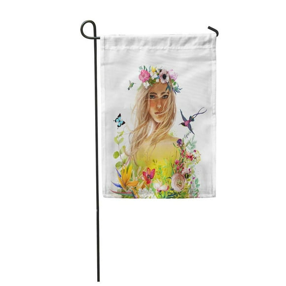 POGLIP Girl Portrait of Young Beautiful Woman with Flowers Artistic Strange Garden Flag Decorative Flag House Banner 12x18 inch