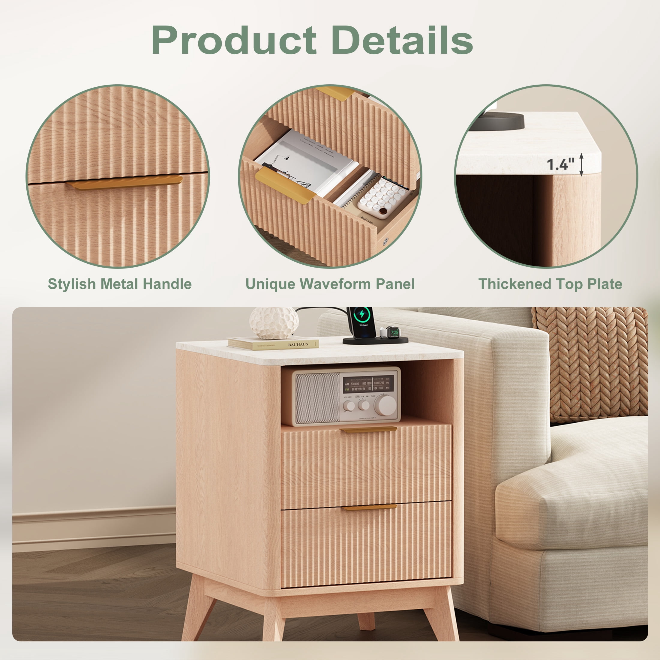 edx Nightstand with Charging Station, Modern Bedside Table, 2 Drawers & Open Shelf, for Bedroom, Office and Small Spaces, Accent Night Stand with Easy Assembly, Natural Wood