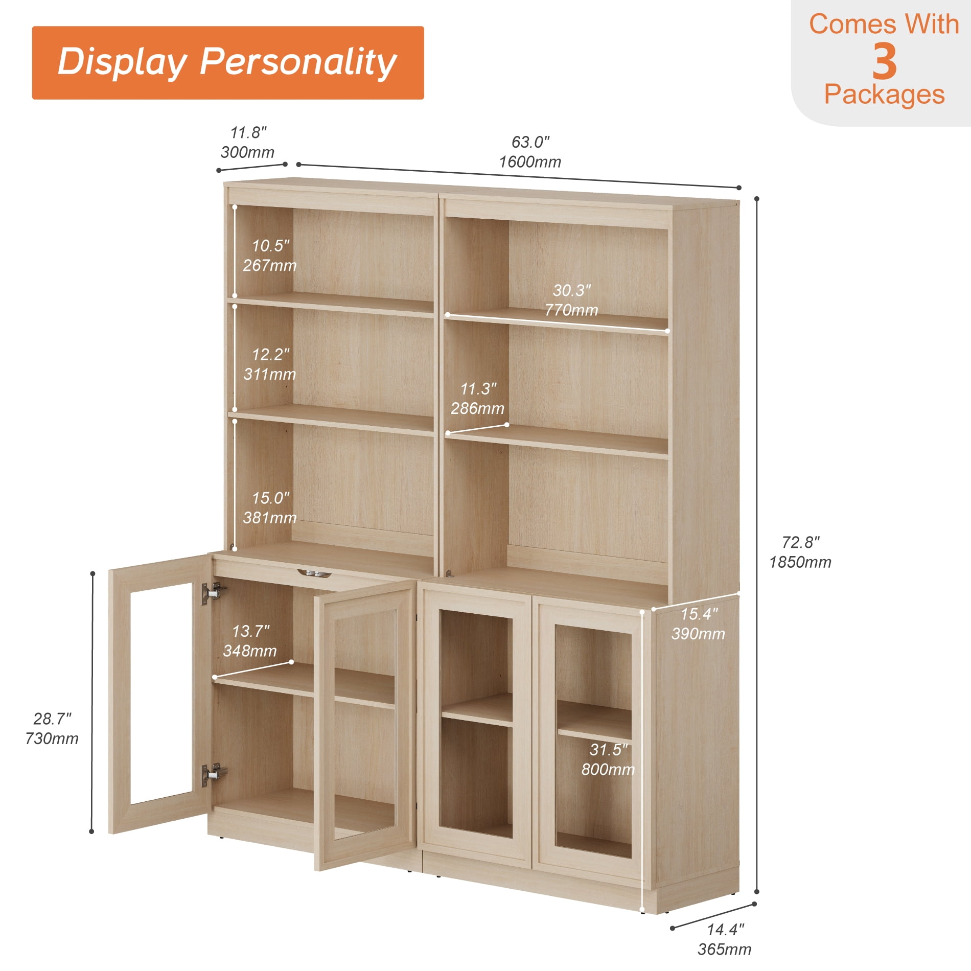 Modern 72" Tall Bookshelf with Glass Doors and Adjustable Shelves, Library Bookcase with Storage Cabinet and Open Shelves,Beige