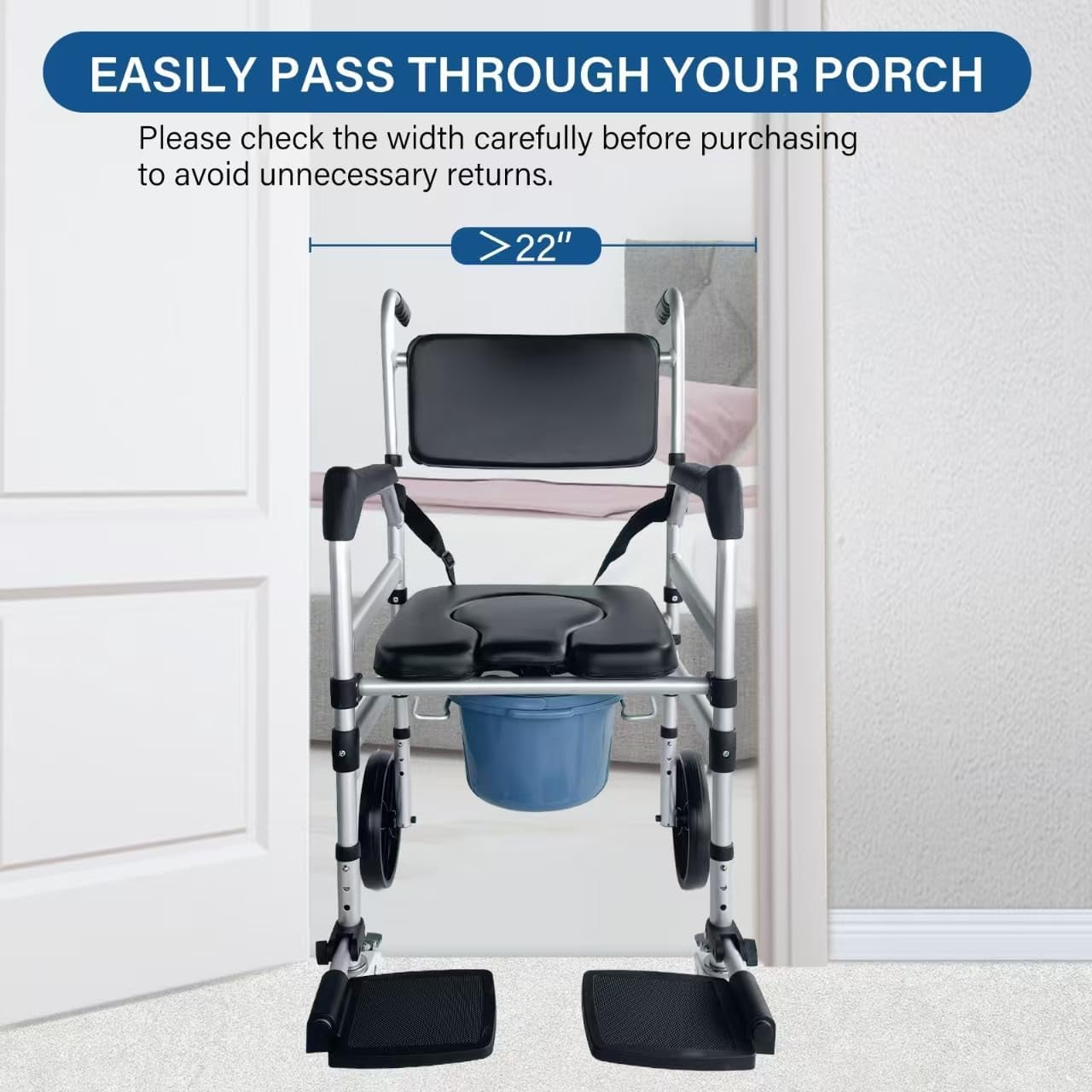 Eosprim Rolling Shower Chair with Handles Arms, Bedside Commode Chair with Wheel, Wheelchair for Elderly Disable,Heavy Duty Raised Toilet Seat Riser for Adults