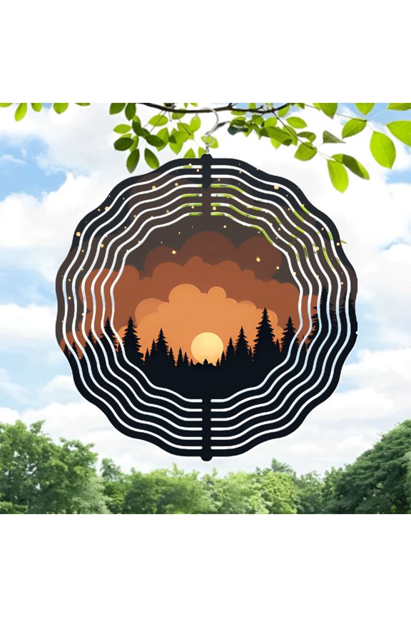 Serene Metal Hanging Wind Spinners & Chimes - Dynamic Wave Design with Silhouetted Pine Trees for Yard & Garden Decor
