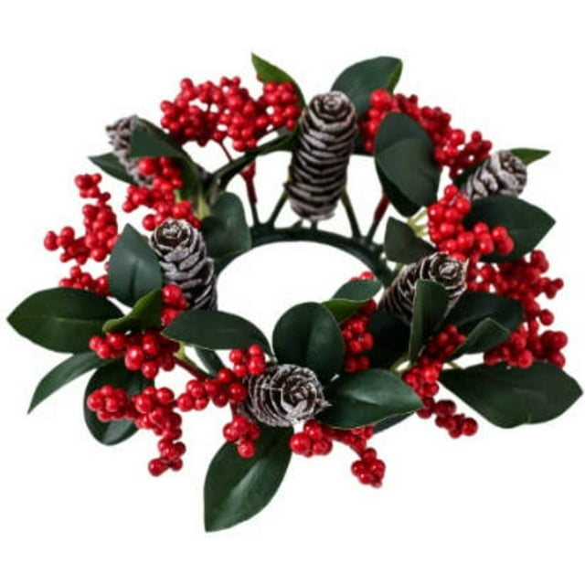 Christmas Candle Rings Wreath 3 Inch Center Pine Cone Red Berry Artificial Greenery Candle Holder Centerpiece for Holiday Table Mantle Decor