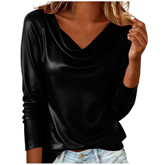 DxhmoneyHX Womens Tops Trendy Spring Cowl Neck Leather Blouse Long Sleeve Shirts Office Business Dressy Outfits