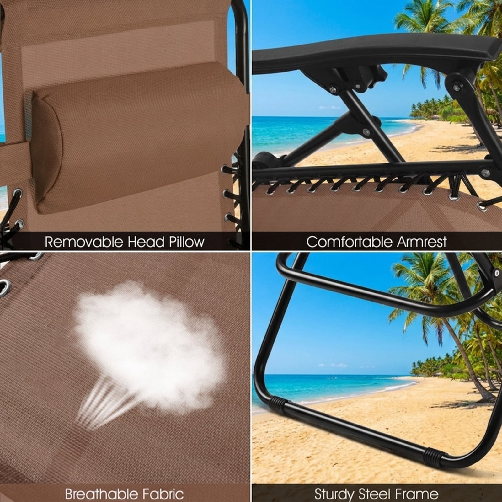 Furnibear 2 Piece Folding Zero Gravity Lounge Chair Set with 0 to 160 Degree Recline Removable Tray Padded Pillow Powder Coated Steel Frame and Bungee Support for Patio, Gray