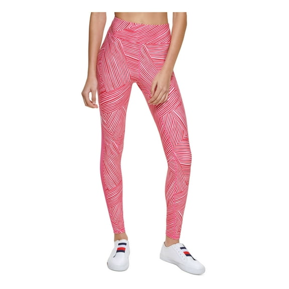 TOMMY HILFIGER SPORT Womens Pink Pocketed Pull-on Striped Active Wear High Waist Leggings L