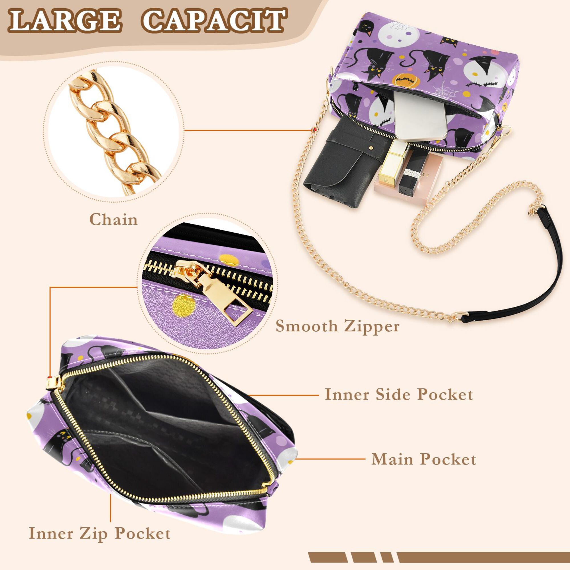 FORMRS Women Crossbody Purse with Chain Strap Vegan Leather Shoulder Handbag, Purple Halloween Pattern