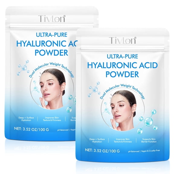 Ultra-Pure Hyaluronic Acid Powder, DIY Hydrating Face Serum, 100% Pure Hyaluronic Acid, 2-Pack, 3.52 oz Each