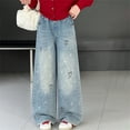 thumbnail image 2 of OSOLU Girls Jeans Rhinestone Straight Wide Leg Pants Loose Fit with Pocket Casual Daily Wear Relaxed Holiday Trousers, 2 of 4