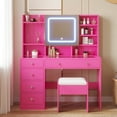 thumbnail image 4 of Zimtown 47" Vanity Desk with Charging Station, Makeup Table with 5 Drawers, Built-in Storage Shelves and 3 Color Lights, Dressing Table Set, Pink, 4 of 11
