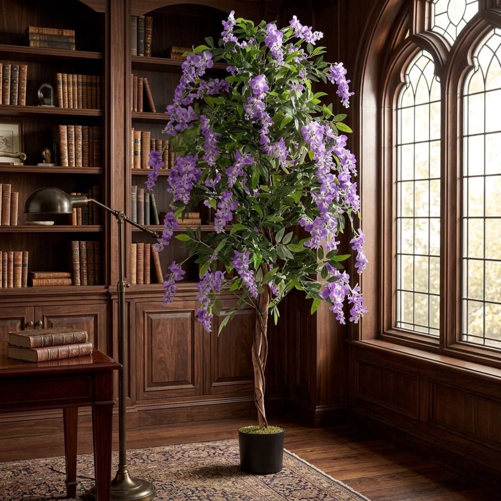 Vebreda Artificial Plant Decor, Set of 1/2 Fake Ficus Plant 6 FT Artificial Wisteria Tree with Natural Trunks and Purple Lifelike Flowers