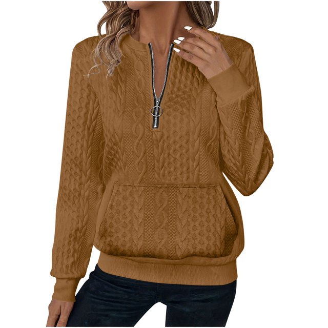 Mceream Chandails Matelassés pour Femmes à Fermeture Éclair, Col Rond, Manches Longues, Chandail Texturé Uni à Enfiler avec Poches, Décontracté, Ample, Mode, Automne Hiver, Tuniques, Grande Taille, Sudadera Para Mujer, Café, m
