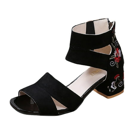 

PMUYBHF Womens Sandals Cute European and American Embroidery Flower Open Toe Roman Shoes Women s 2023 Summer Thick High Heel Sandals Large Fashion Sandals