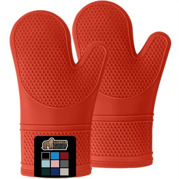 GORILLA GRIP Heat Resistant Durable Silicone Oven Mitts, BPA-Free Protective Grilling Potholders, Soft Cotton Lining, Flexible Waterproof Cooking Mitt Set, Kitchen Home Essentials, 12.5x8.3, Coral