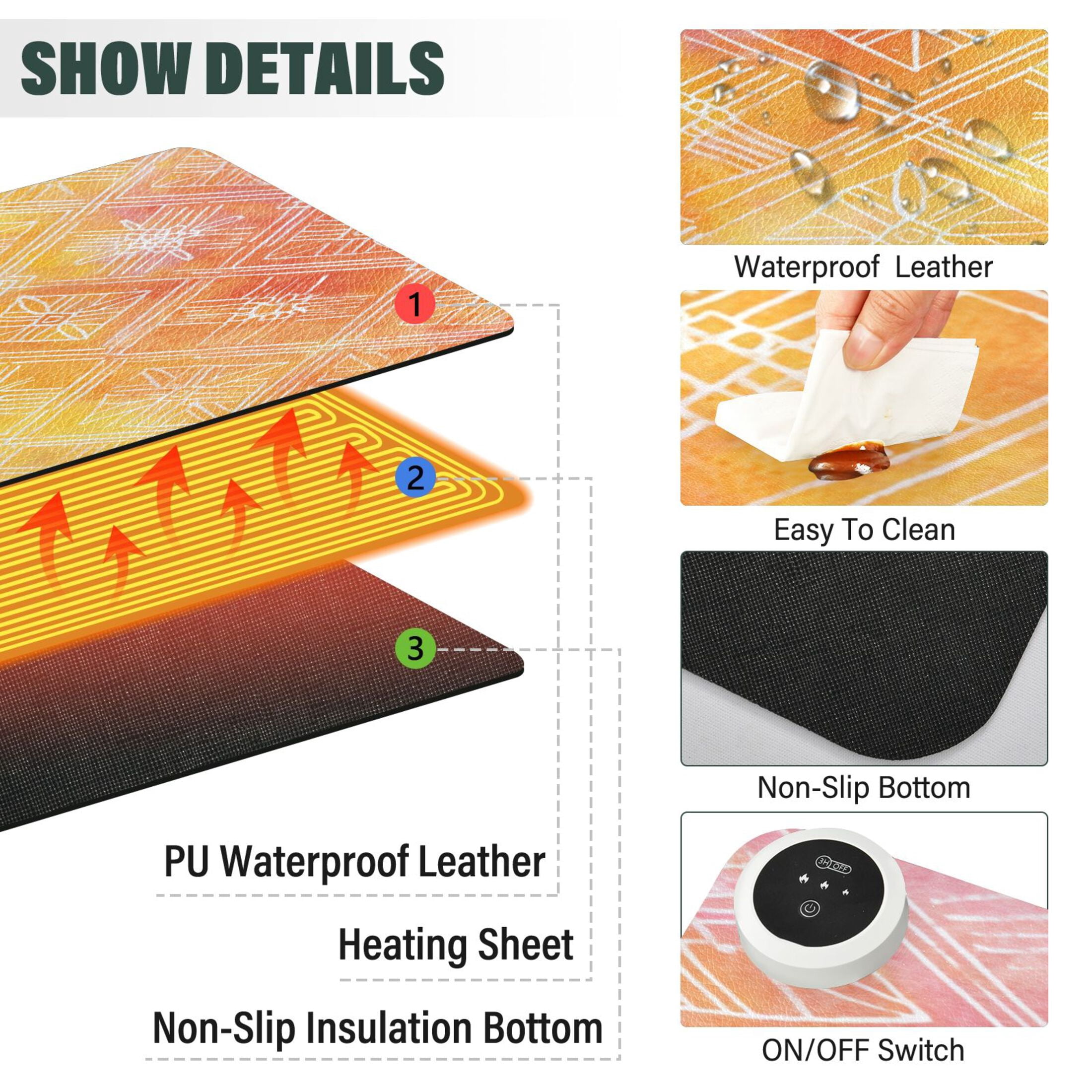 Large Heated Desk Mat Mouse Pad 31.5"x13"PU Leather Graphene Heating Desk Warmer with 3 Temperature Settings 110V US Plug Non-Slip Warm Pad for Home, Office, and Gaming Orange Watercolor Batik Print