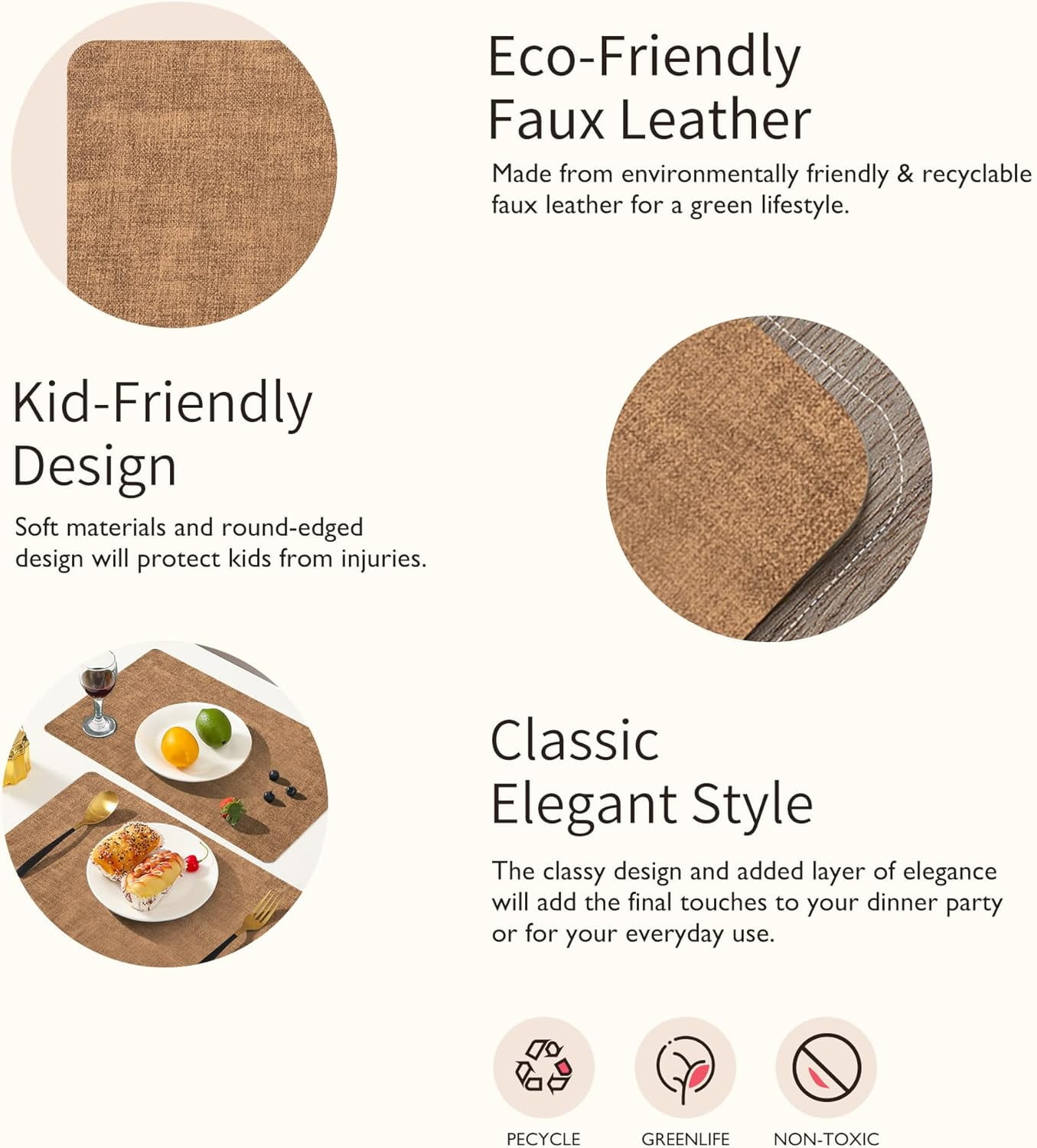 Lifestance Faux Leather Placemats Set of 6, Waterproof Heat Resistant Non Slip Dining Table Mats, 17x12 inch Rectangle Brown, Indoor Outdoor Use