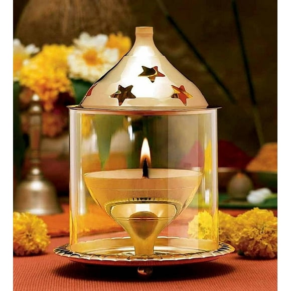 Handcrafted Gold Brass Akhand Diya With Glass Cover, Brown & Golden