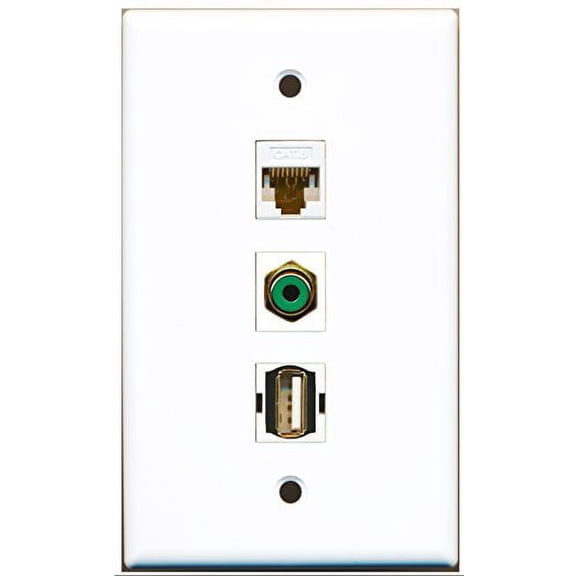 RiteAV - 1 Port RCA Green and 1 Port USB A-A and 1 Port Cat6 Ethernet White Wall Plate