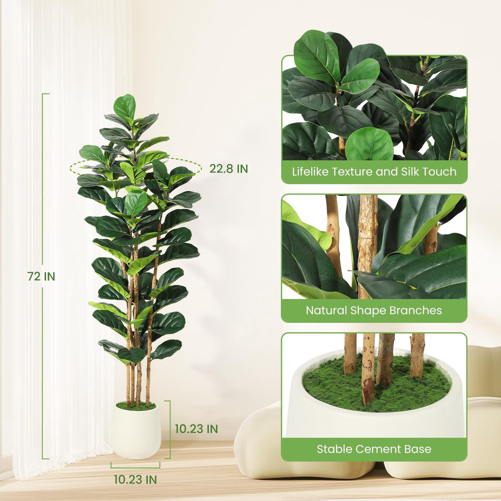 Faux Fiddle Leaf Fig Tree 5/6/7 FT, Artificial Ficus Tree with Tall Artificial Plants, Lifelike Fake Tree for Home Decor Living Room Indoor Outdoor