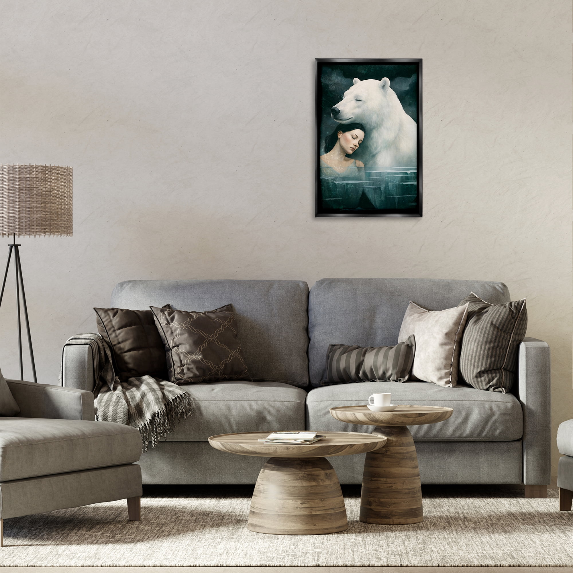 Stupell Industries Polar Bear & Woman Animals Painting Black Floater Framed Canvas Art Print Wall Art, 17 x 25