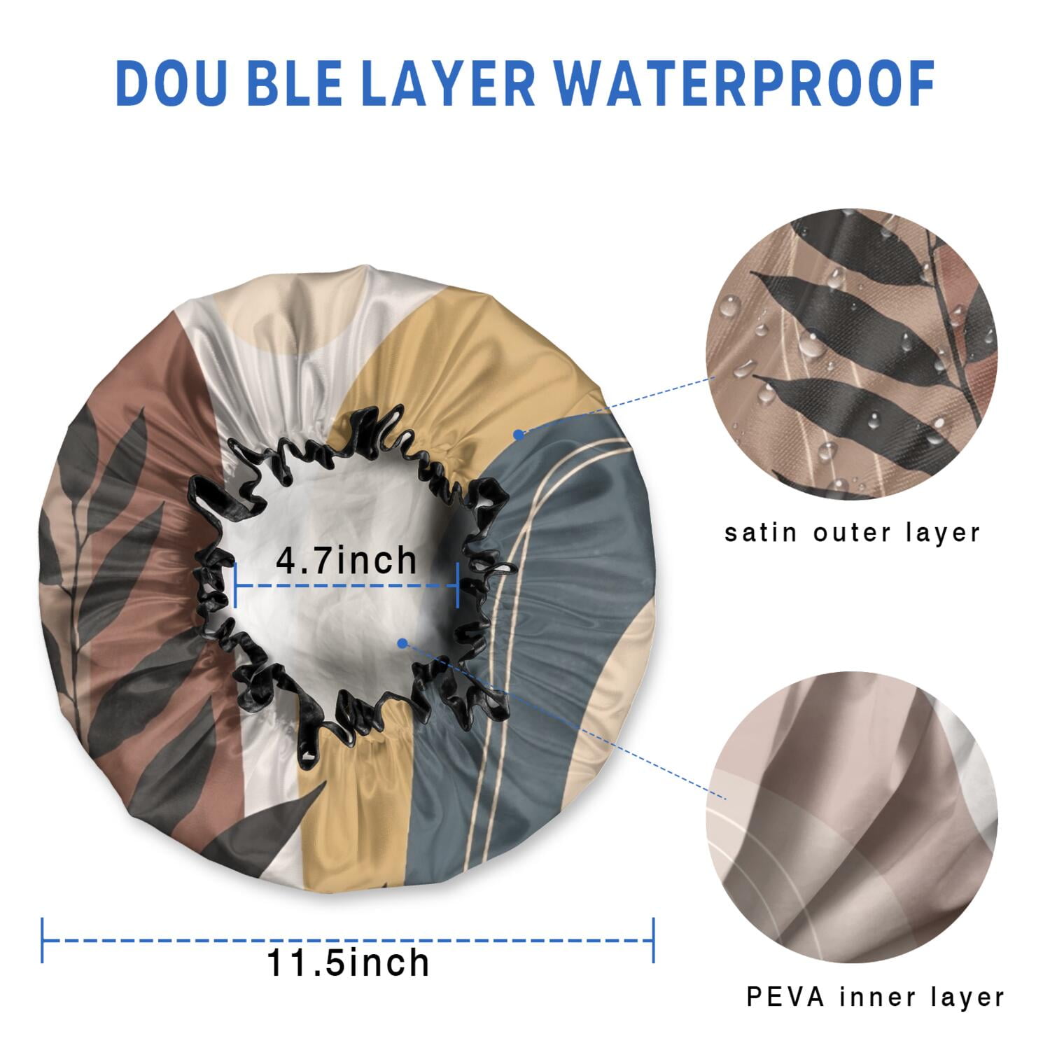 Shower Caps,Brown Boho Geometric and Plant Pattern Waterproof Shower Cap for Women 4 Pieces,Double Reusable Hair Cover for Shower PEVA Elastic Stretch Hem