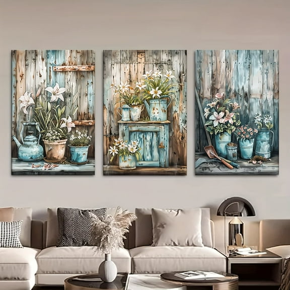 3pcs/set, Canvas painting--Unframed, Old  walls with flowerpots and jugs, farmhouse style, Posters and prints, living room, library, office, cafe, bar, abstract art, perfect birthday, holiday