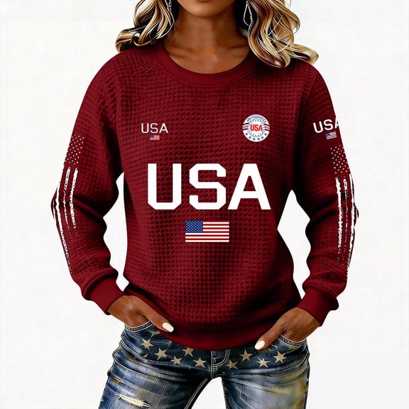 longantii Patriotic Shirt for Women 250 Anniversary Crew Neck Tees Relaxed Fit Long Sleeve Flag Graphic Cloth Independence Day Pullover Red XL
