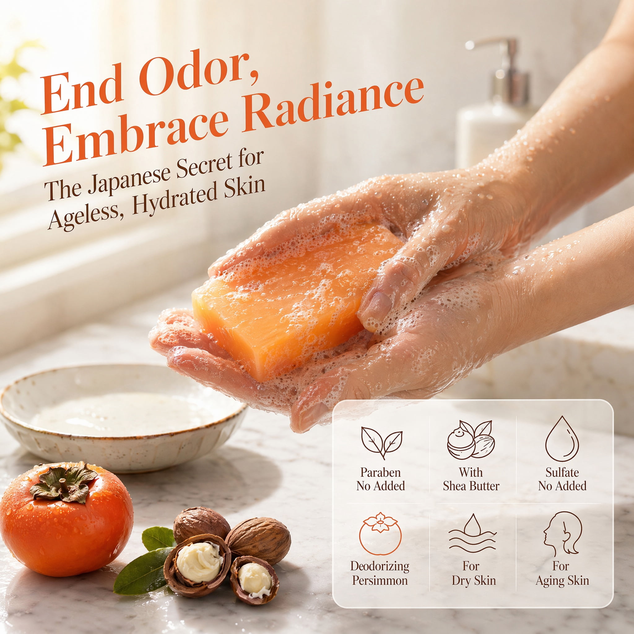 ADNOON Kaori Persimmon Soap, Japanese Persimmon Soap for Old People Smell, Gentle Cleansing Body, Handmade Natural Soaps For Better Skin, For Underarms & Feet, for Men & Women (1PCS)