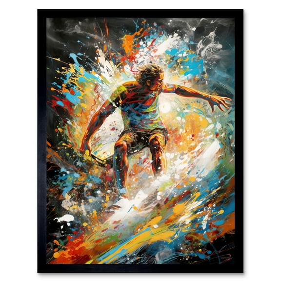 Surfer Surfing on Crashing Waves Splatter Paint Art Print Framed Poster Wall Decor 12x16 inch