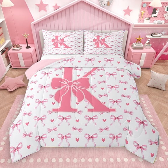 Homewish Bowknot Letter Monogrammed K 2pcs Bedding Comforter Set for Teens Female Girls,Dreamy Princess Twin Comforter Sets,Love Heart Print Breathable Bedding Set,Ultra Soft Home Decor,Reversible