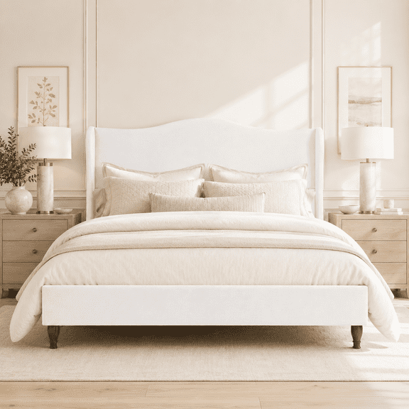 Neche Queen Upholstered Platform Bed Frame - 51" Tall Curved Wingback, Soft Fabric, Retro Sleigh Style, No Box Spring Needed, Easy Assembly, White