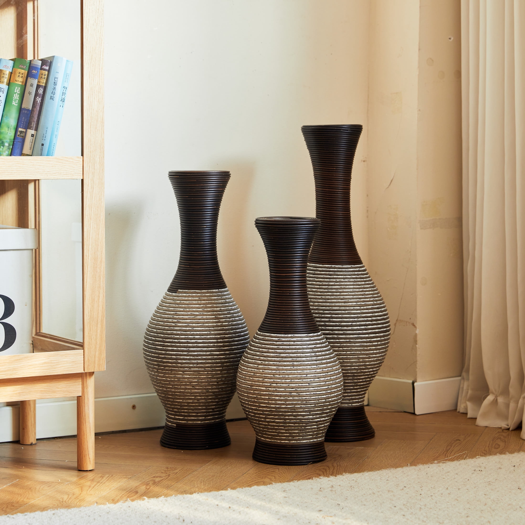 Noble House Set of 3 PVC Floor Vases, Decorative Vases with Textured Design, Brown + White
