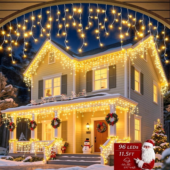 UOGUIK 96LED 11.5FT Solar Christmas Icicle Lights 8 Modes Curtain Fairy String Light, Clear Wire LED String Light Indoor Decor for Wedding Party Christmas Holiday Decor