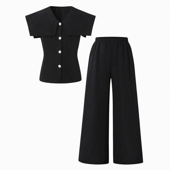 WXFAZCVU Girls 2 Piece Outfits Buttons Down Shirt and Elastic Waist Pants Casual Dressy Suit Size 8-9 Years