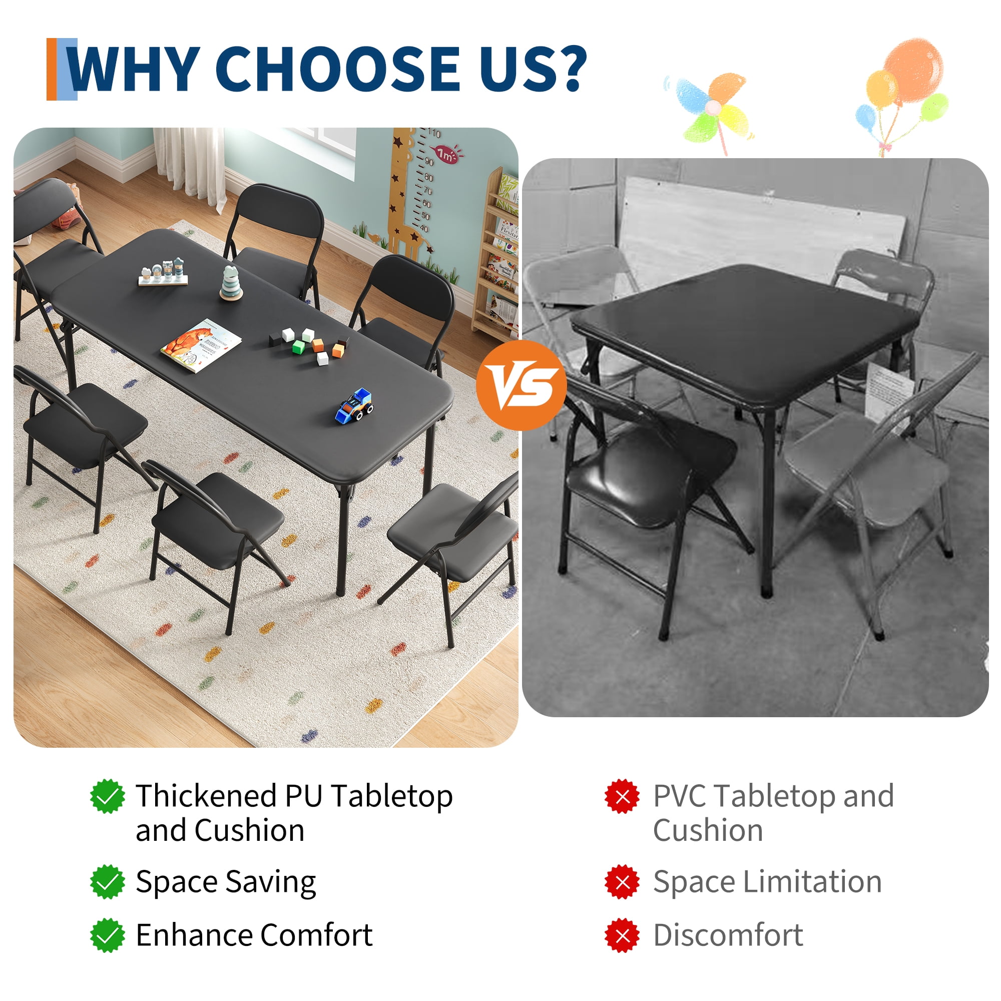 Ultra Soft PU Padded 1/5/7-Piece Kids Folding Table and Chairs Set – Durable Steel Frame, Anti-Slip Feet, No Assembly – Portable for Study, Dining, Learning Space, Play
