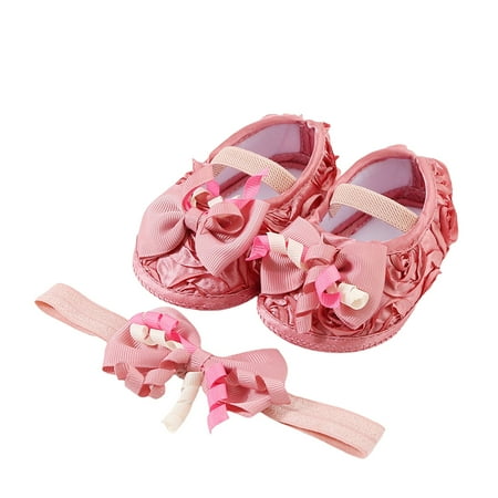 

Baby Girls Cute Mary Jane Flats Shoes Bow Decor Non-Slip Crib Shoes with Headband Infant Princess Shoes