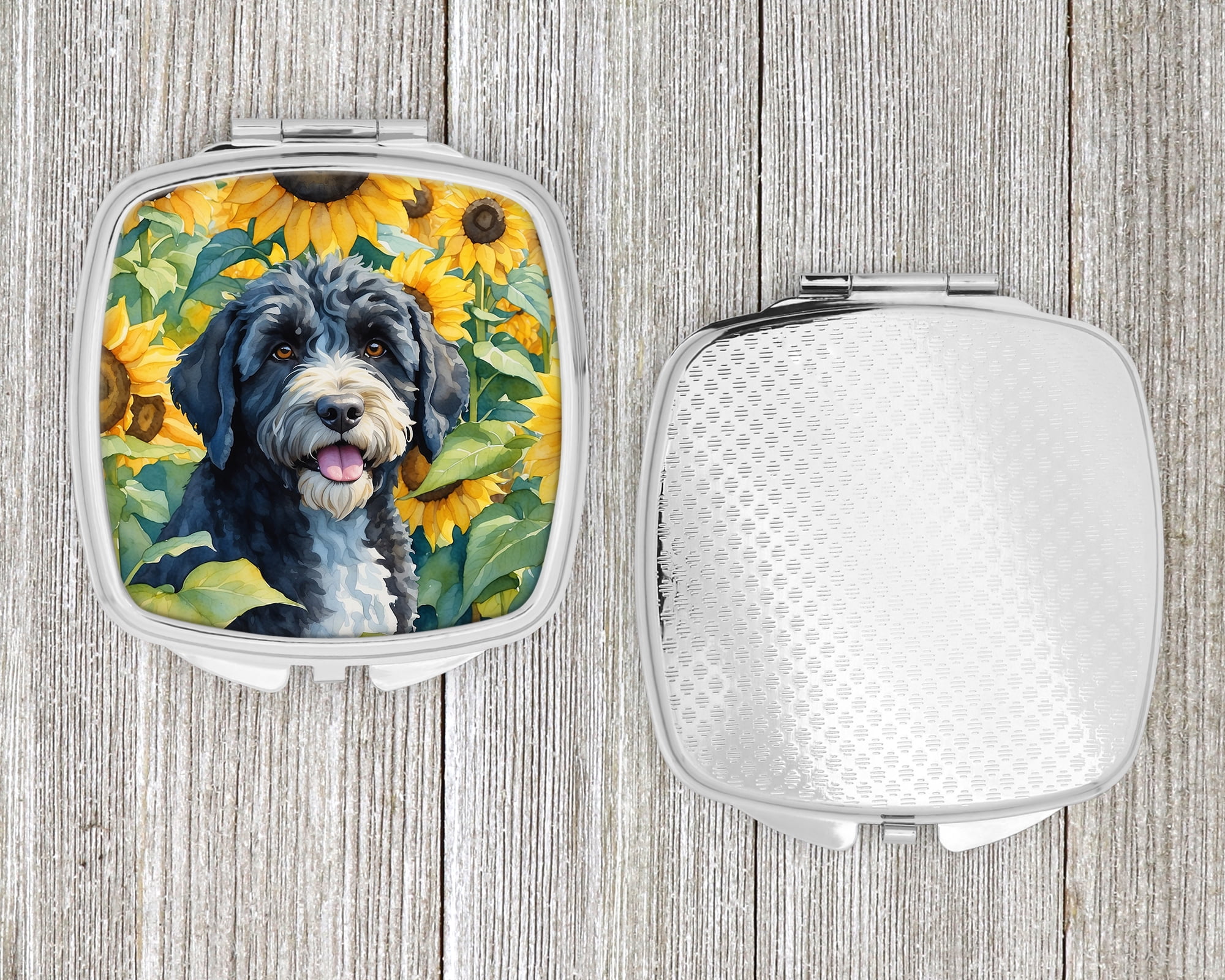 Portuguese Water Dog in Sunflowers Compact Mirror 2.75 in x 3 in