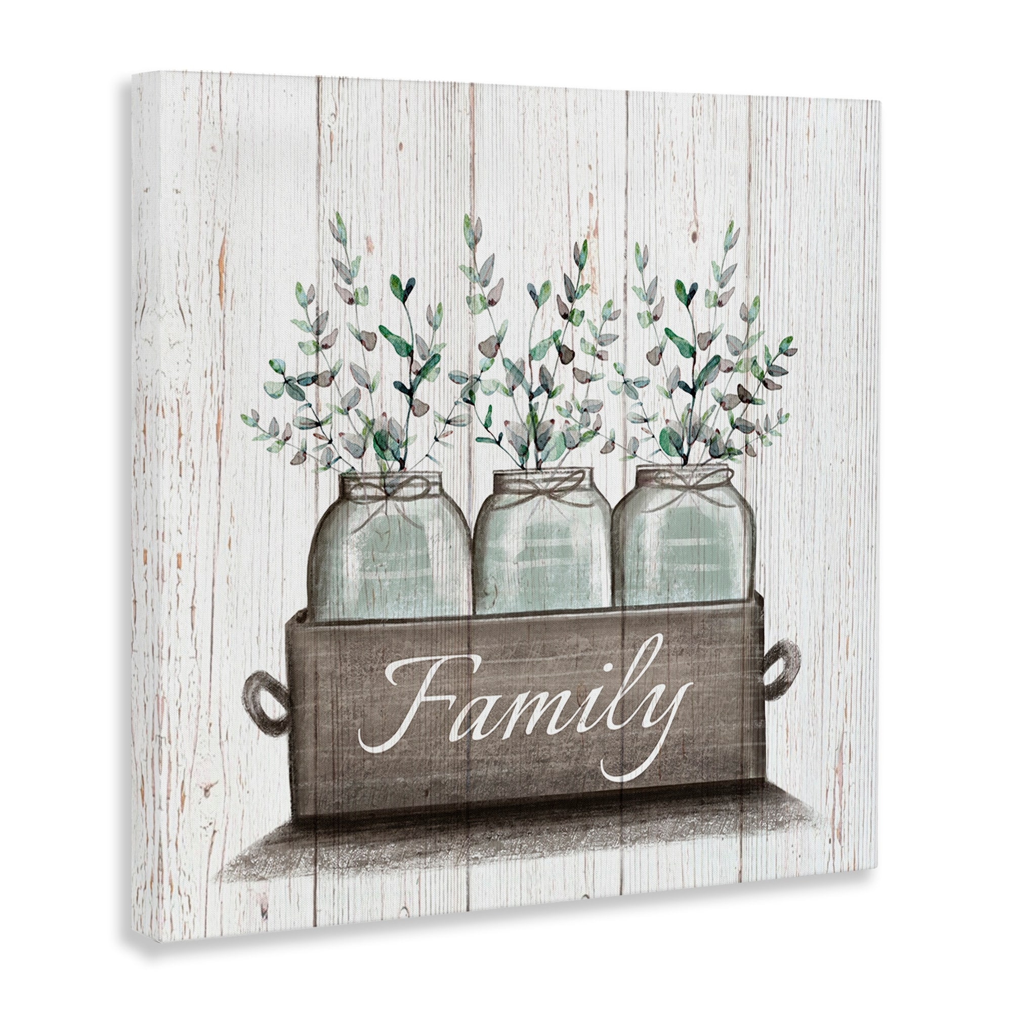 Stupell Industries Green Eucalyptus Foliage Jars with Family Sentiments,24 x 24,Designed by Elizabeth Tyndall