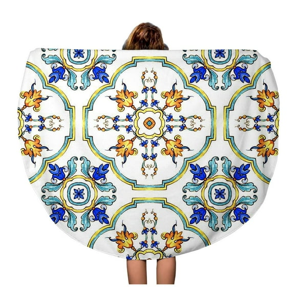 NUDECOR 60 inch Round Beach Towel Blanket Watercolor Pattern on Italian Tiles Majolica Cyan Outline Blue Travel Circle Circular Towels Mat Tapestry Beach Throw
