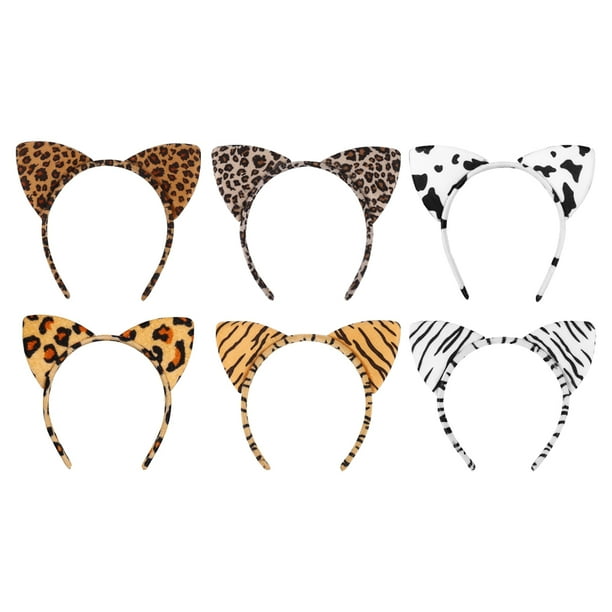 Lurrose - 6 diademas con orejas de gato de peluche con diseño de leopardo, accesorio para el cabello para fiestas, disfraces y más
