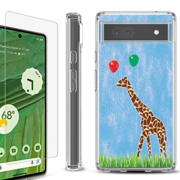 Shockproof Bumper Phone Case for Google Pixel 6a, with Tempered Glass Screen Protector, by OneToughShield ® - Giraffe/Balloon