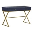 thumbnail image 1 of Linon Bureau de Campagne à Deux Tiroirs, Dessus en Métal Doré avec Pieds Croisés, en Bois Bleu, 1 of 15