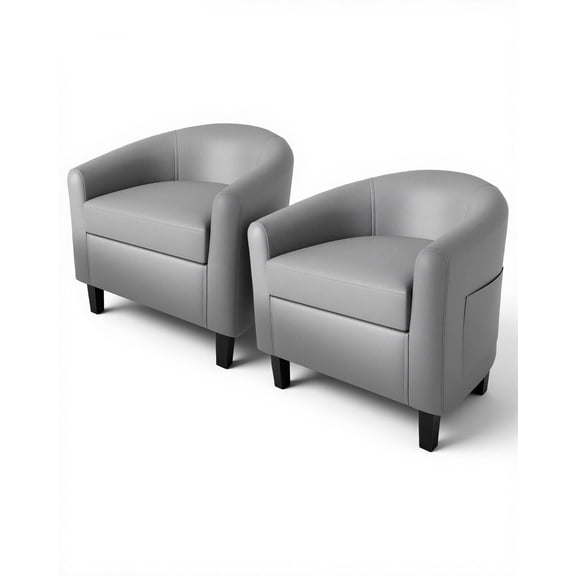 Set of 2 Gray Faux Leather Barrel Club Chairs, Comfy Living Room Chairs with Sturdy Legs – For Bedroom, Reading Room or Waiting Room