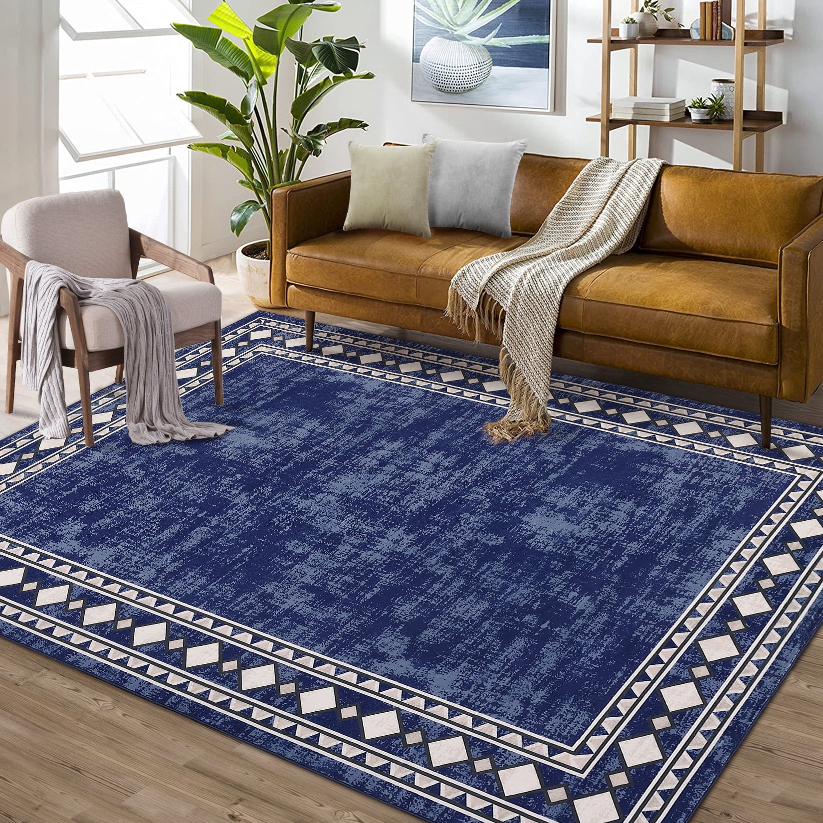 Garvee 10'x13' Geometric Bordered Area Rugs Contemporary Rugs for Living Room, Non-Slip Washable Rugs Soft Throw Rugs Low-Pile Stain Resistant Carpet for Bedroom Dining Room Farmhouse, Blue