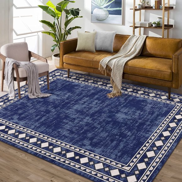 GlowSol 5'x7' Non-Slip Area Rug Modern Geometric Bordered Rug Non-Shedding Rug Soft Floor Decoration for Dining Room Home Office, Navy Blue