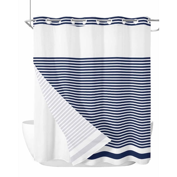 No Hook Shower Curtain with Snap-in Liner, Farmhouse Navy Blue White Striped Waterproof Fabric Bathroom Curtains, Modern Stripes Bath Curtains & Mesh Top Window Stand Up Stall 66"x72"