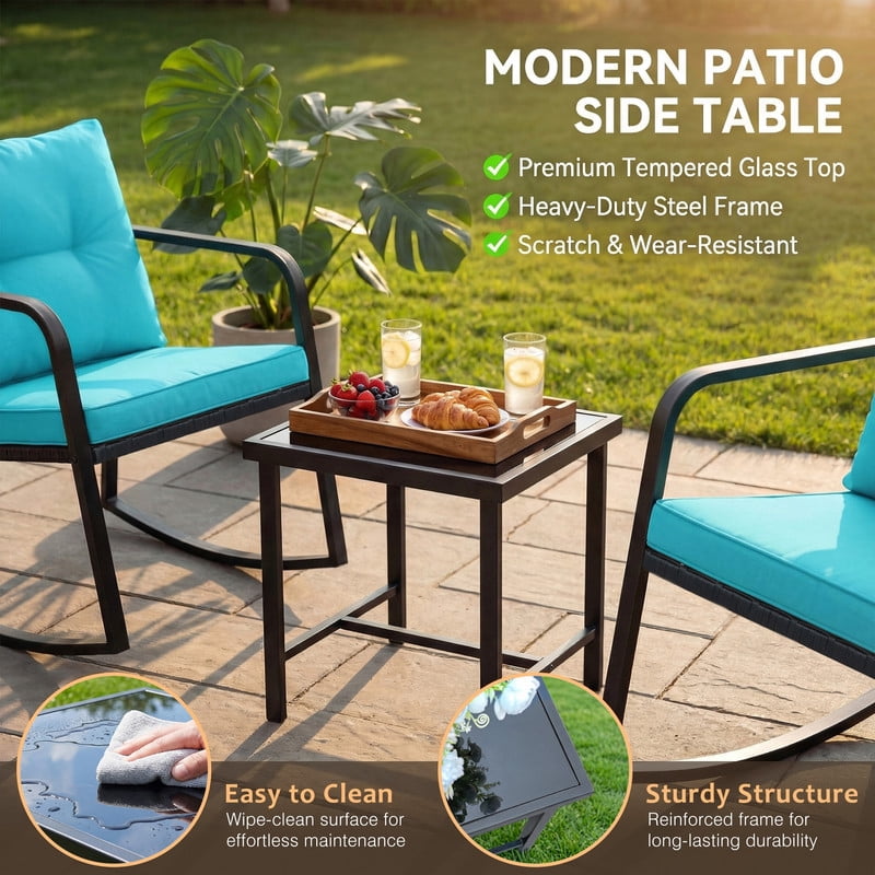 Vineego 3 Pieces Patio Conversation Sets Outdoor Rocking Chair PE Rattan Bistro Rocker with Coffee Table, Blue